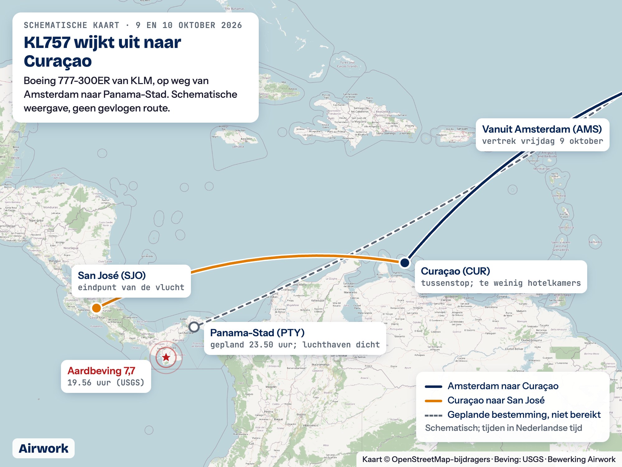 Schematische kaart van het Caribisch gebied: een lijn vanuit Amsterdam naar Curaçao, een tweede lijn van Curaçao naar San José in Costa Rica, een gestippelde lijn naar de geplande bestemming Panama-Stad en een ster bij het epicentrum van de aardbeving in Panama.
