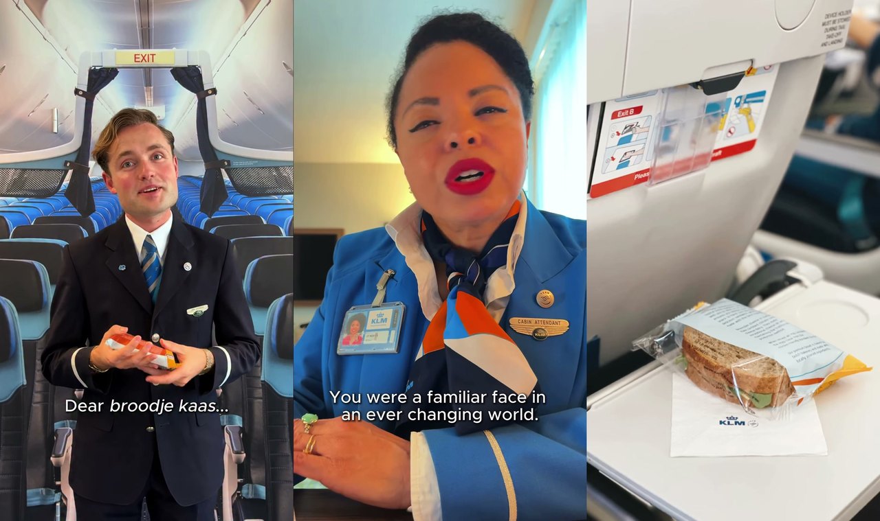 Drie beelden uit de video van KLM: een KLM-medewerker in donker uniform met een verpakt broodje kaas in zijn handen, een cabin attendant in blauw uniform en een broodje kaas op een klaptafeltje met een KLM-servet