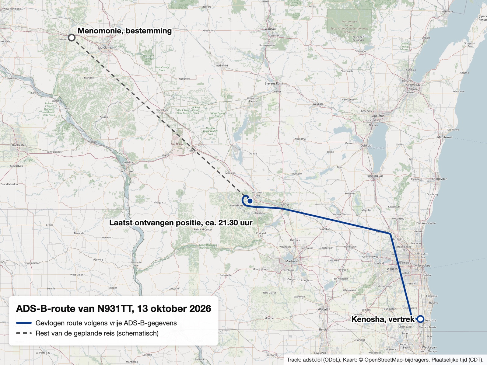 Kaart van Wisconsin met de route van de Piper vanaf Kenosha in het zuidoosten, eerst naar het noorden en daarna naar het westen tot een punt ten westen van Wisconsin Dells. Een stippellijn loopt van daar naar Menomonie in het westen van de staat.