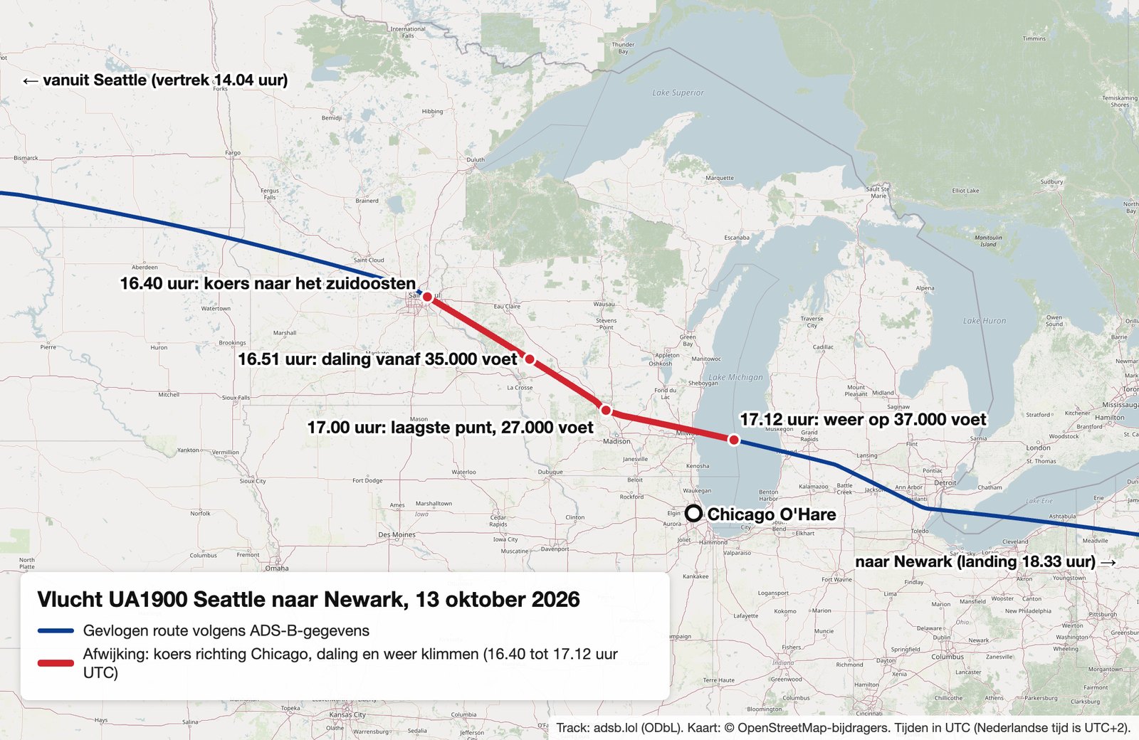 Kaart van het middendeel van vlucht UA1900 van Seattle naar Newark. Een rood deel tussen Minneapolis en het Michiganmeer markeert de koerswijziging richting Chicago, de daling naar 27.000 voet boven Wisconsin en de klim terug naar 37.000 voet, met tijden in UTC. Chicago O'Hare is aangegeven ten zuiden van de route.