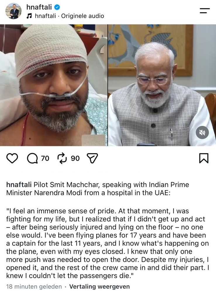 Instagram-post met links gezagvoerder Smit Machchhar in een ziekenhuisbed en rechts premier Narendra Modi in een videogesprek
